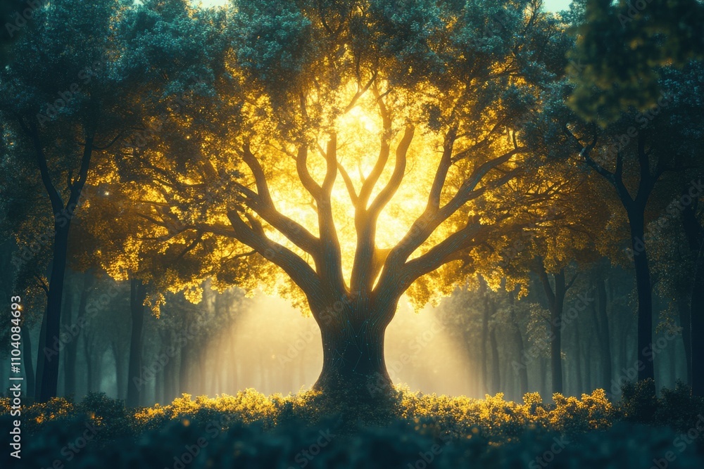 Poster majestic tree with golden sunlight filtering through its branches, creating a serene atmosphere in a