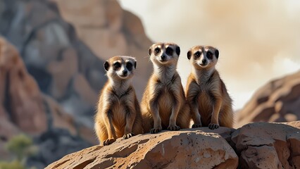 Fototapeta premium Group of meerkats standing on a rocky outcrop.