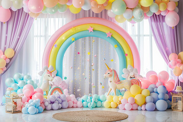  Pastel Balloon Arch with Unicorns and Rainbow for a Magical Party