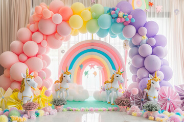 Pastel Balloon Arch with Unicorns and Rainbow for a Magical Party