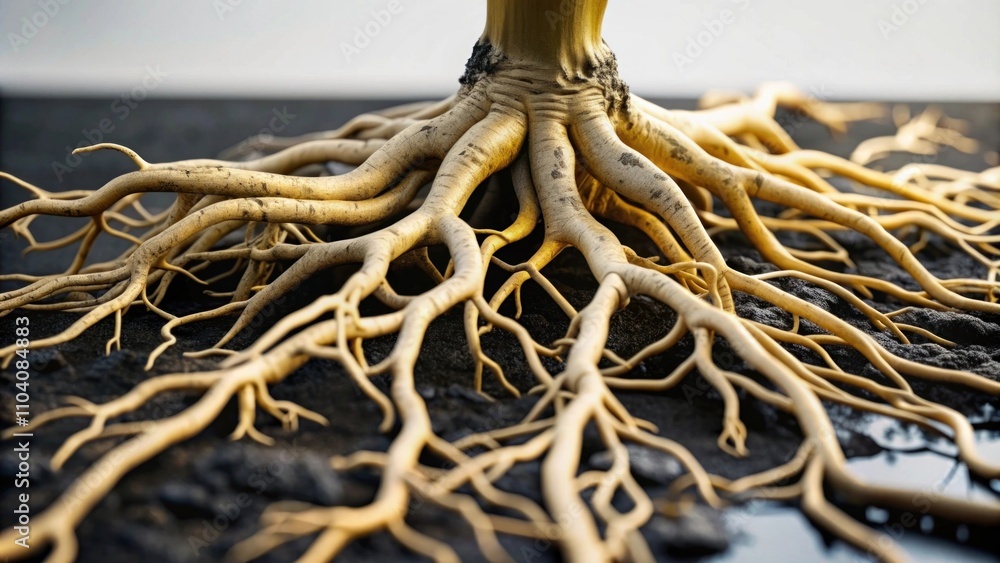 Poster intricate root system of a tree against a dark background showcasing the complexity and strength of 