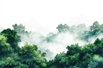 A serene watercolor depiction of a dense forest filled with towering trees, perfect for use in designs and projects where a calming atmosphere is desired
