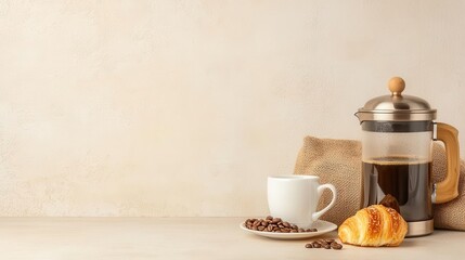 Fototapeta premium French press with freshly brewed coffee, beans in a burlap sack, croissant nearby, warm and earthy tones