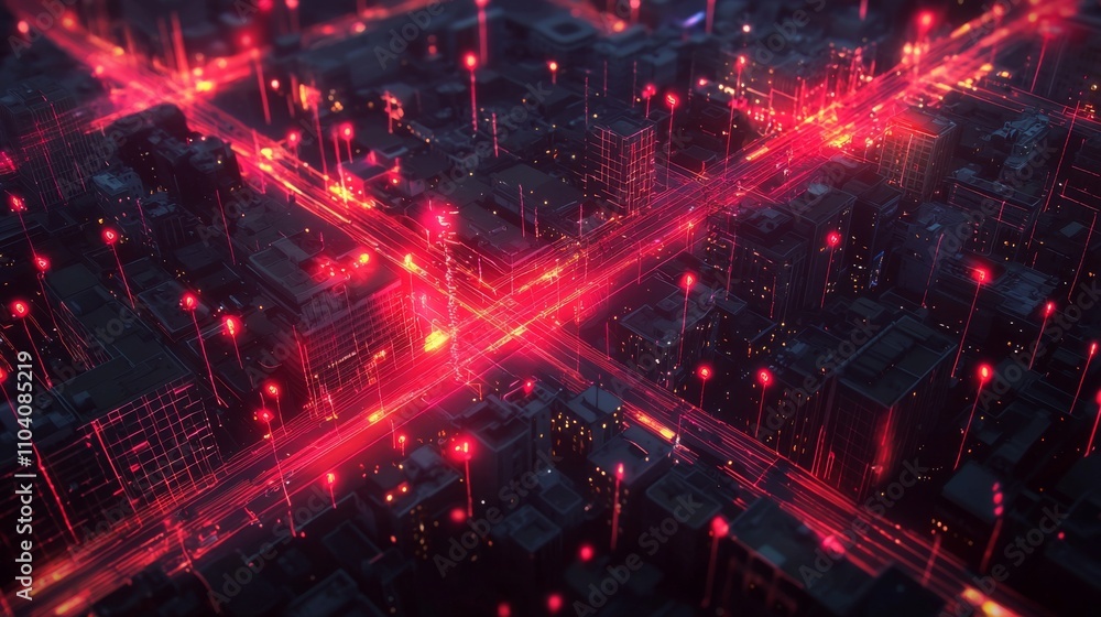 Poster a futuristic digital cityscape illuminated with red lights, showcasing a network of connections and 