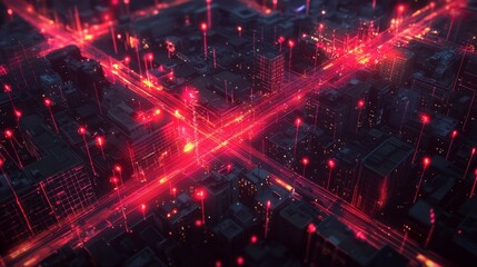 Obraz premium A futuristic digital cityscape illuminated with red lights, showcasing a network of connections and pathways in a high-tech environment.