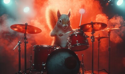 Squirrel Drumming in Red Lit Concert Atmosphere