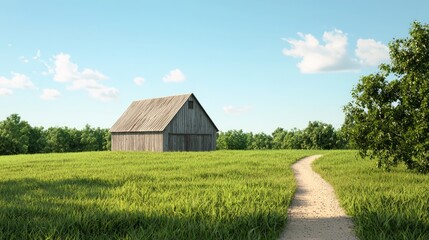 Obraz premium Beautiful Photorealistic Scene of Charming Barn and Quaint Farmhouse in Lush Countryside Setting.