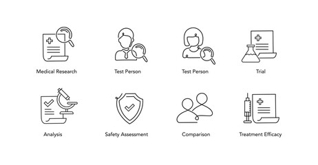 Clinical Trial and Research Icons. Clinical trial, Medical research, Researcher Participant, Control group, Data analysis
Efficacy, Safety, and Healthcare.