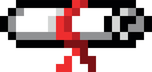 A pixelated image of a white object with red writing on it