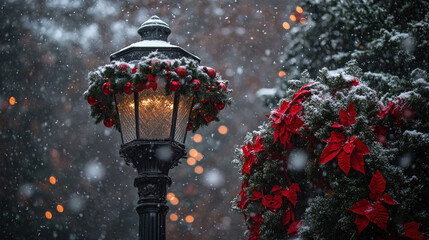 Festive Streetlamp with Christmas Decorations in Snow