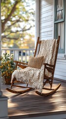 Cartoon rocking chair with knitted blanket on porch