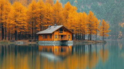 Fototapeta premium A serene cabin surrounded by vibrant autumn trees reflecting in a calm lake.