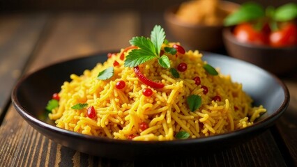 Traditional Indian biryani with festive spices, holiday table setup, vibrant colors
