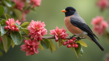 Fototapeta premium A beautiful little bird sits on a tree with pink blossoms and berries. A bird with an orange beak and belly sits on a tree.