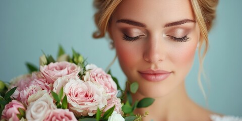 A bride gracefully holding a bouquet of pink roses with her eyes closed. Her serene demeanor and the pastel background create a soft, romantic atmosphere.