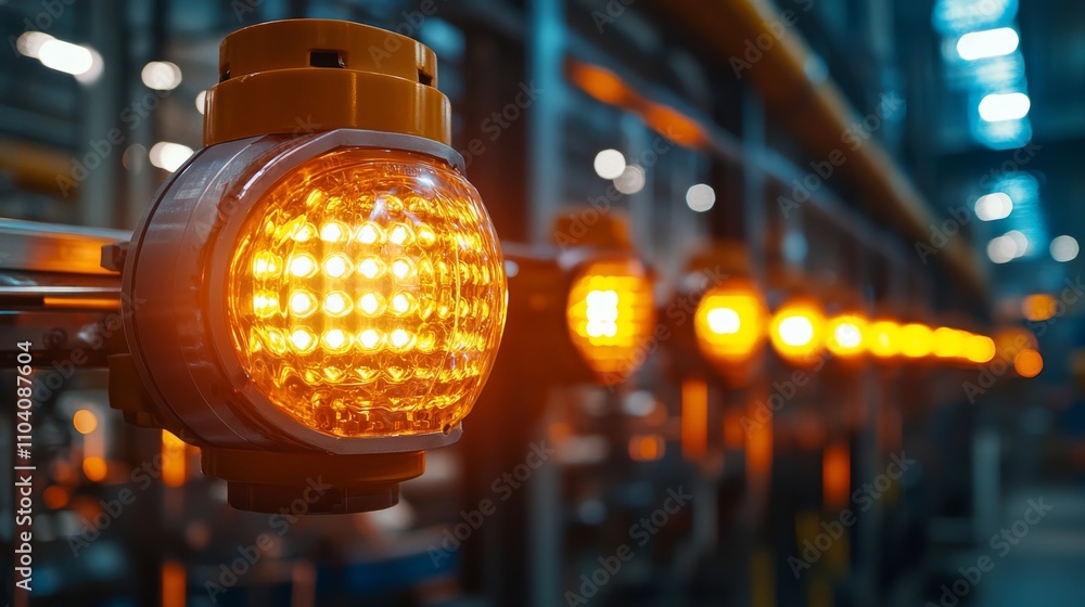 Aufkleber the image showcases a series of illuminated orange hazard lights in a factory setting, emphasizing s