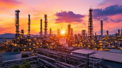 Fototapeta premium A vibrant sunset over an industrial complex, showcasing towering smokestacks and intricate piping against a colorful sky.