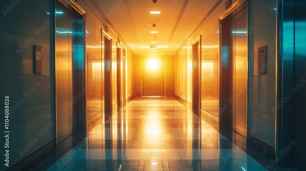 Poster a glowing hallway with elevator doors on either side, illuminated by warm light at the end, creating