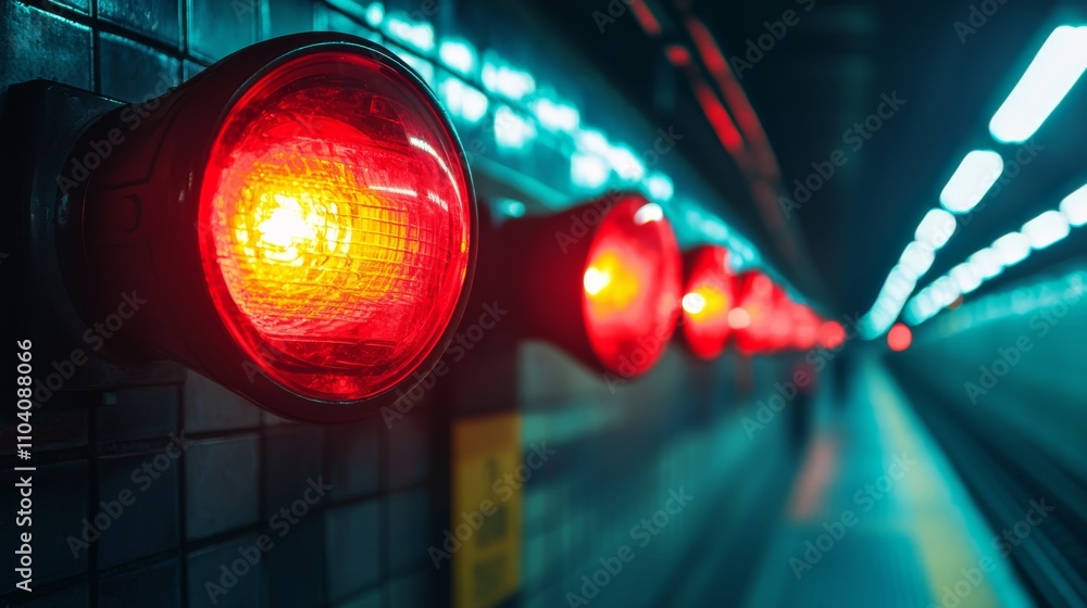 Poster a close-up of red warning lights in a subway tunnel, highlighting safety signals in a dimly lit envi