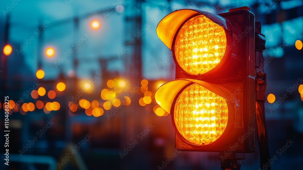 Aufkleber a close-up of an illuminated traffic light displaying an orange signal, set against a backdrop of so