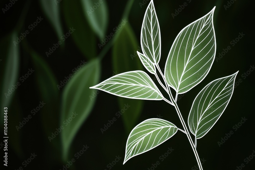 Poster delicate green leaves with intricate vein patterns against a dark background, creating a serene and 