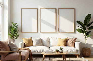 Three Vertical ISO A2 Frames with Reflective Glass in a Scandinavian Bohemian-Style Living Room – 3D Render