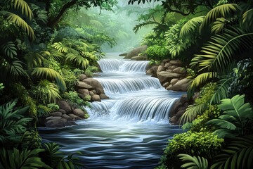 A serene tropical waterfall cascading down rocks amidst lush greenery, creating a tranquil atmosphere.