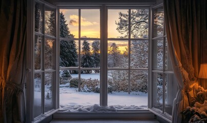 Snowy Winter Landscape Through Rustic Window