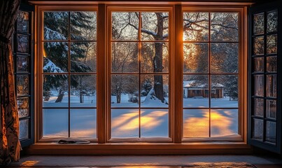 Winter Sunrise through Window with Snowy Landscape