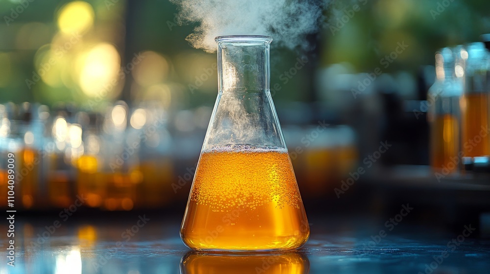 Poster chemical flask with amanita muscaria extract bubbling in a laboratory during daytime experiments