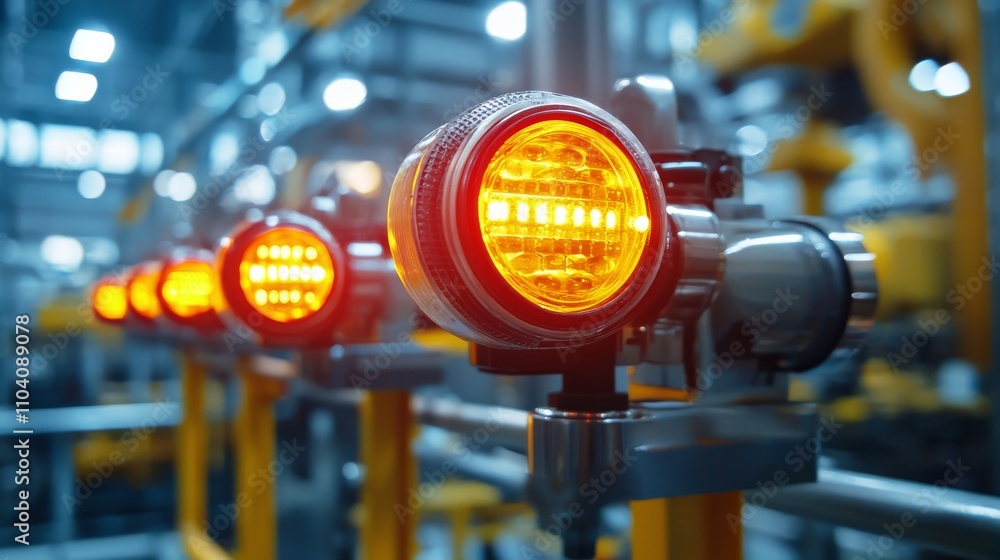 Poster industrial setting featuring illuminated warning lights, emphasizing safety and alertness within a m
