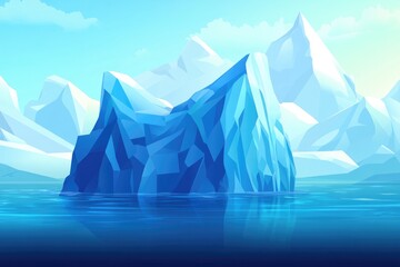 A massive iceberg floats in the center of a vast body of water, with sunlight reflecting off its icy surface