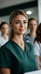 Obraz premium A confident nurse in green scrubs stands with her healthcare team in a hospital setting, epitomizing teamwork, professionalism, and dedication to patient care.