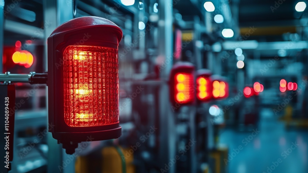 Poster a row of illuminated red warning lights in an industrial setting, signaling alerts and safety measur