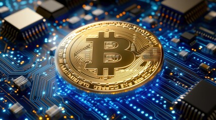 Golden Bitcoin on Circuit Board