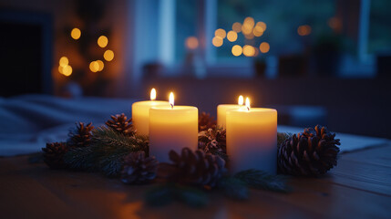 Glowing Candles in a Cozy Advent Wreath Setting