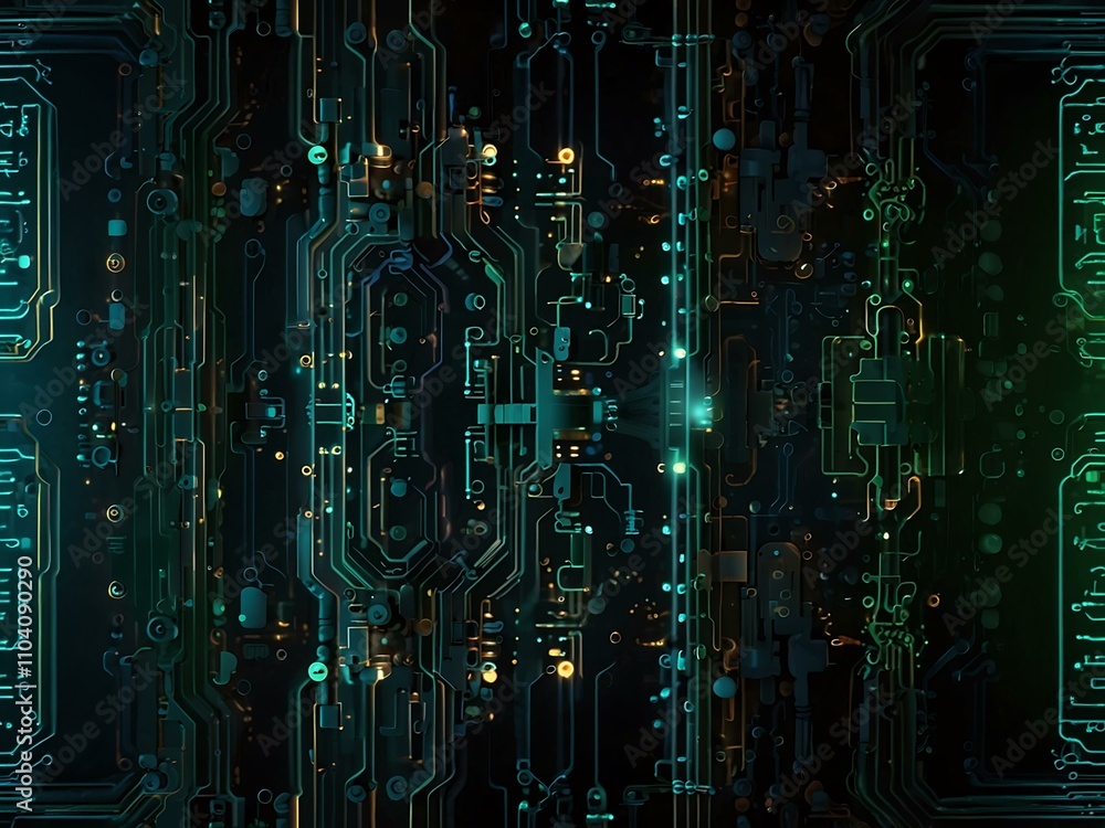 Poster abstract digital circuit board with glowing lines and dots.