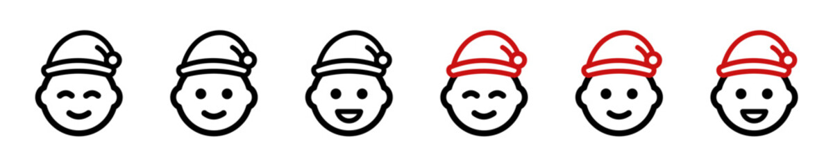 Modern festive smile icon set. Holiday. Santa emoji symbol. Happy face in vector design style