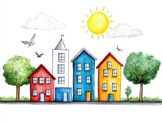 Colorful hand-drawn sketch of charming houses under a bright sun urban environment vibrant illustration