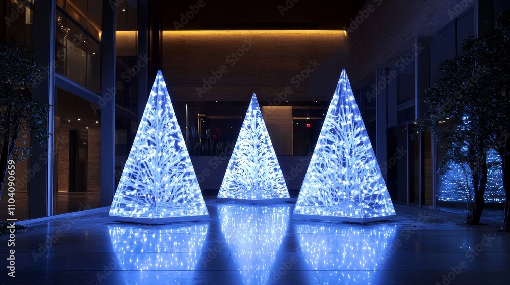 Poster three illuminated blue christmas trees stand elegantly in a modern space, creating a festive and enc