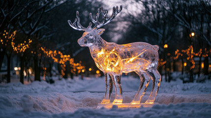 Glowing Ice Sculpture of a Majestic Creature at Night