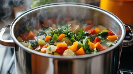 Fresh Vegetable Soup in a Steaming Pot