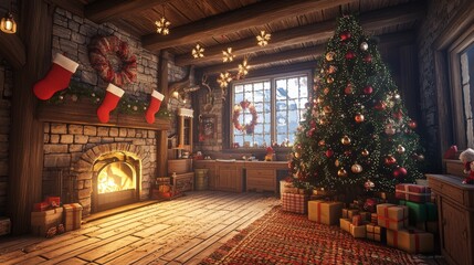 Obraz premium A cozy, festive room adorned with a Christmas tree, stockings, and gifts, creating a warm holiday atmosphere by the fireplace.
