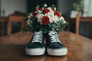 This quirky image features a stylish bouquet of red and white flowers paired with black sneakers, symbolizing the blending of elegance with modern urban style.