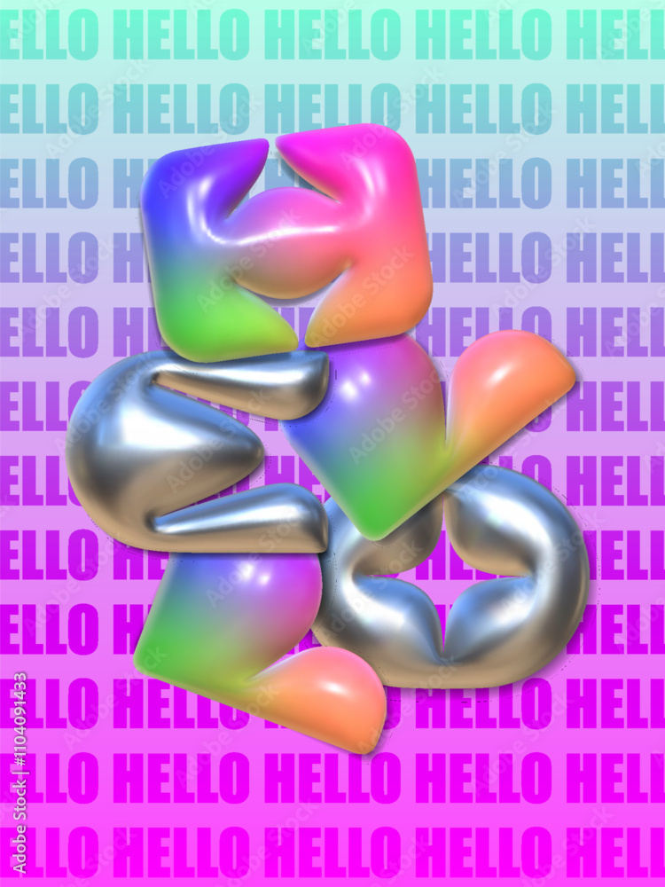 Poster bright 3d hello. a vertical illustration of a greeting with the texture of metal and multi-colored p