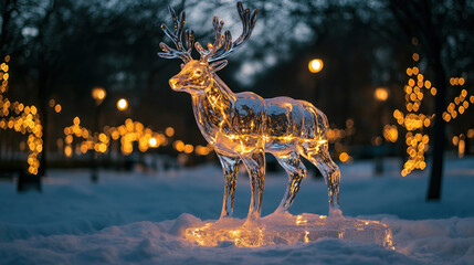 Glowing Ice Sculpture of a Reindeer in Winter Setting