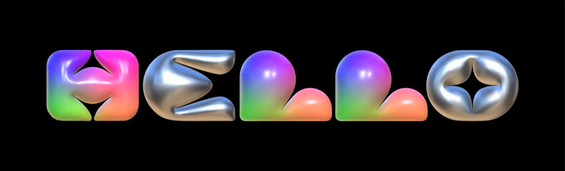 Bright 3D hello. Vector illustration of a greeting with the texture of metal and multi-colored plastic with a reflective texture.