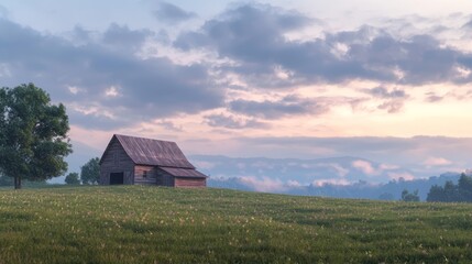 Fototapeta premium Majestic Rustic Barn on Hilltop during Dusk with Dramatic Sky and Farmland - Ultra-Detailed Photorealistic Scene