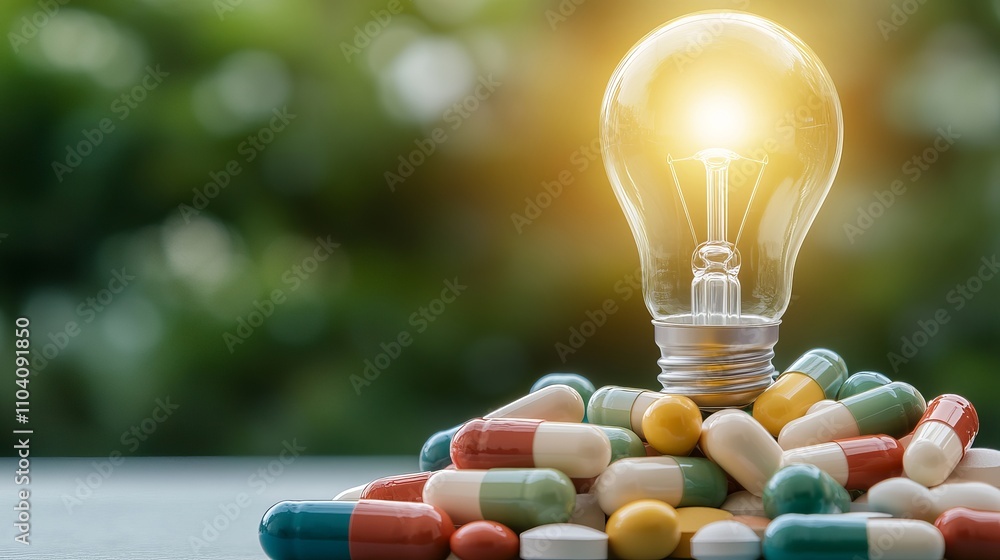Poster a creative composition featuring a glowing light bulb atop a colorful array of capsules, symbolizing