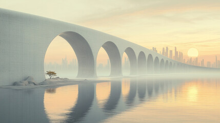 Obraz premium Artistic depiction of a large, modern bridge reflected in a calm water body at sunrise near a city skyline. Generative AI